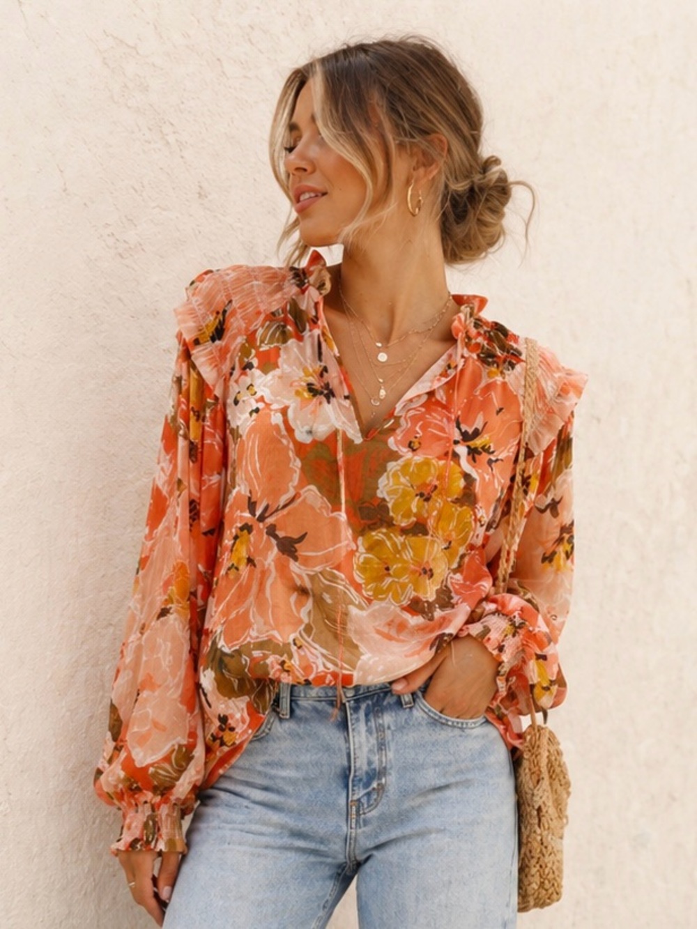 MINKPINK Dex Floral Blouse XS Coral Sheer Boho Long Sleeve Feminine